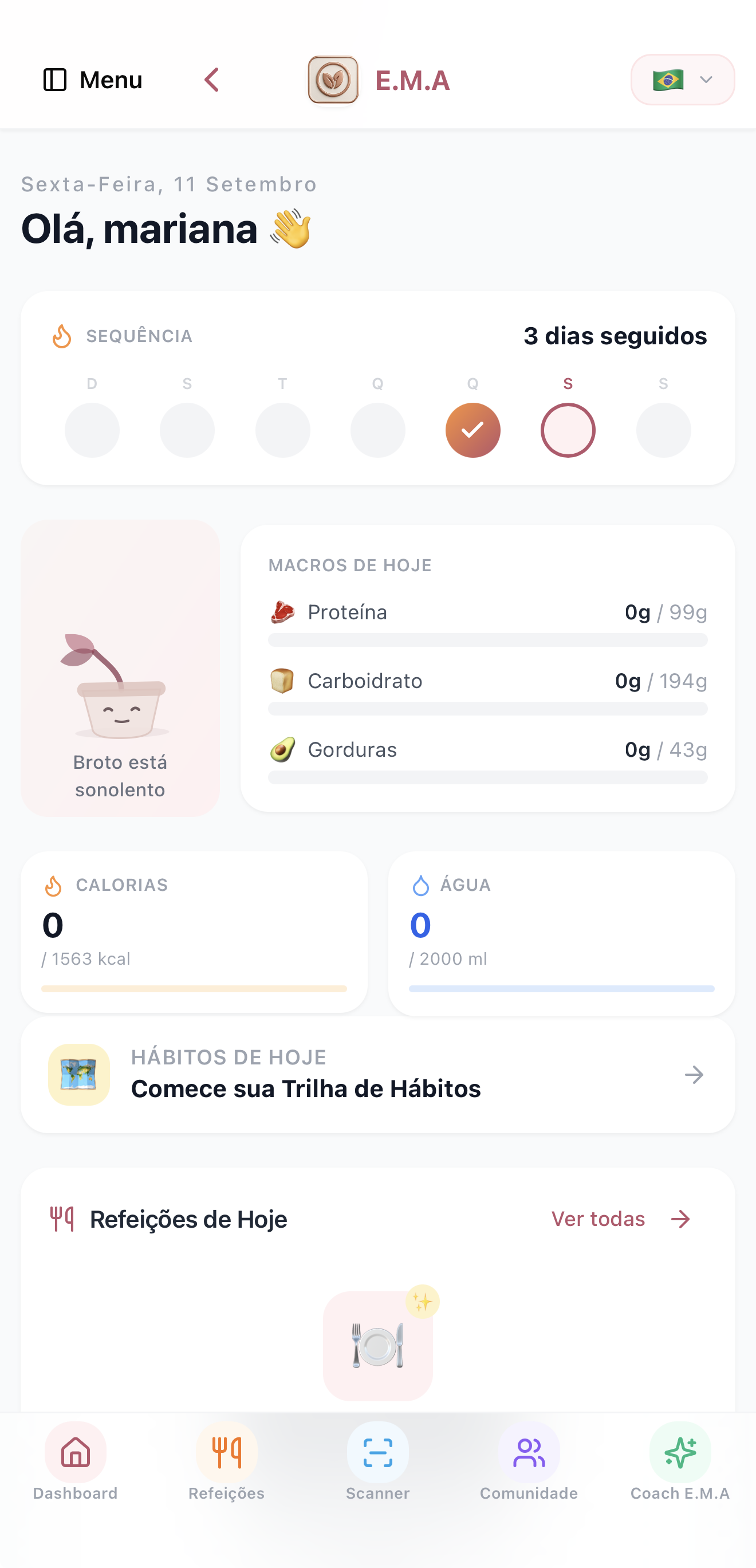 Tela inicial do app E.M.A mostrando sequência de dias, macros do dia e o Broto