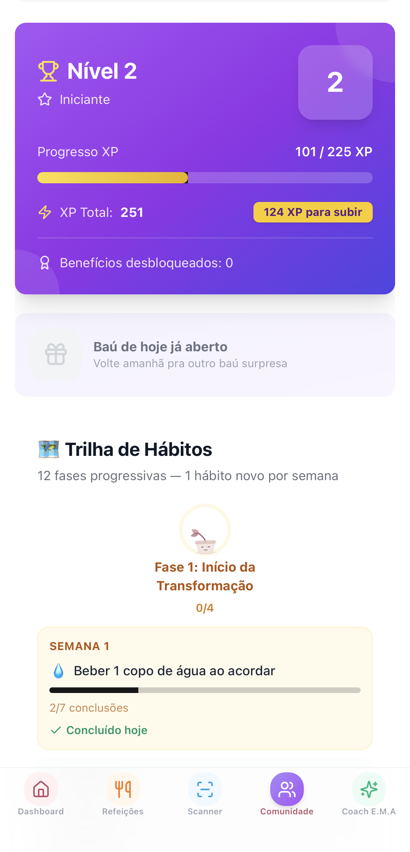 Tela da Trilha de Hábitos e nível do app E.M.A