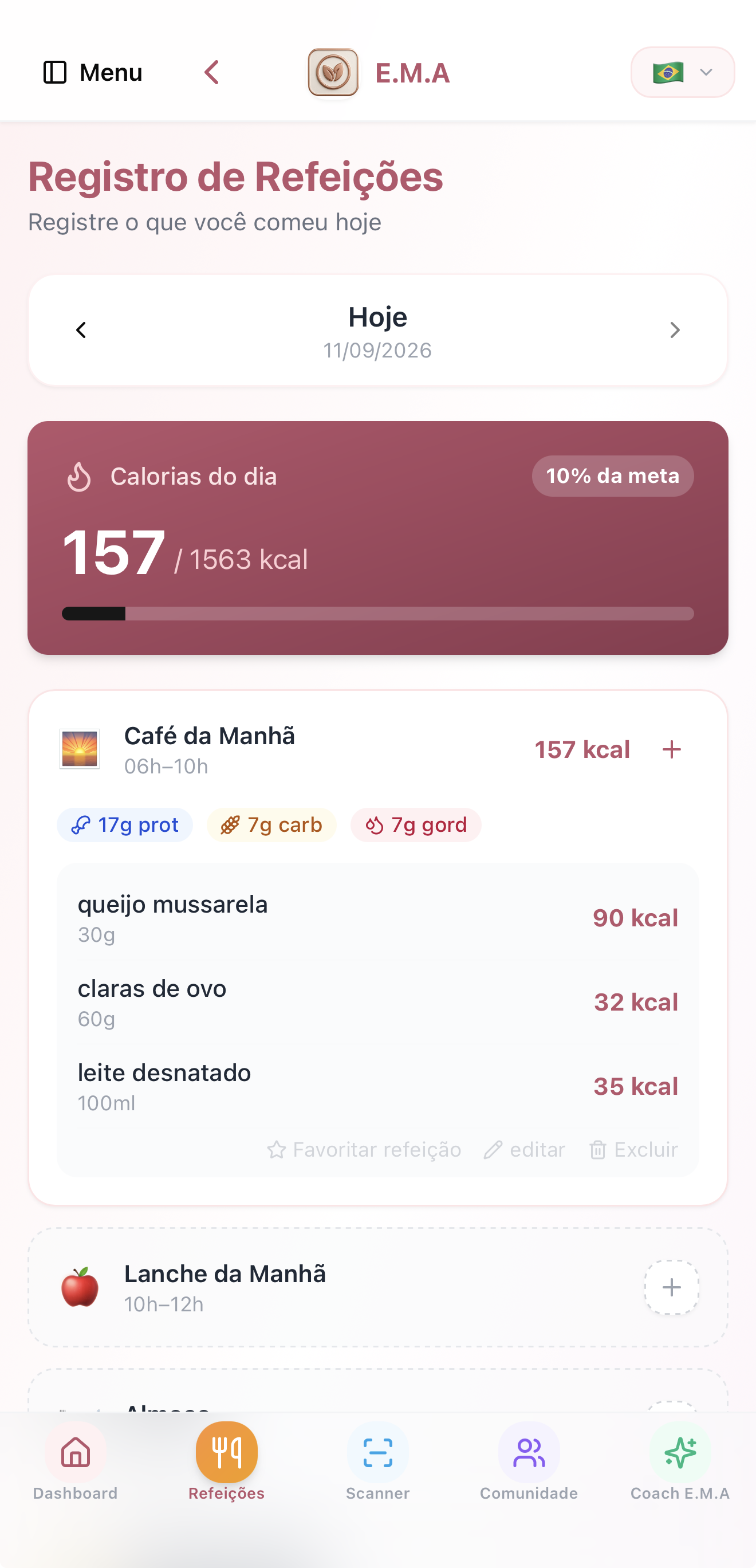 Tela de Registro de Refeições do app E.M.A