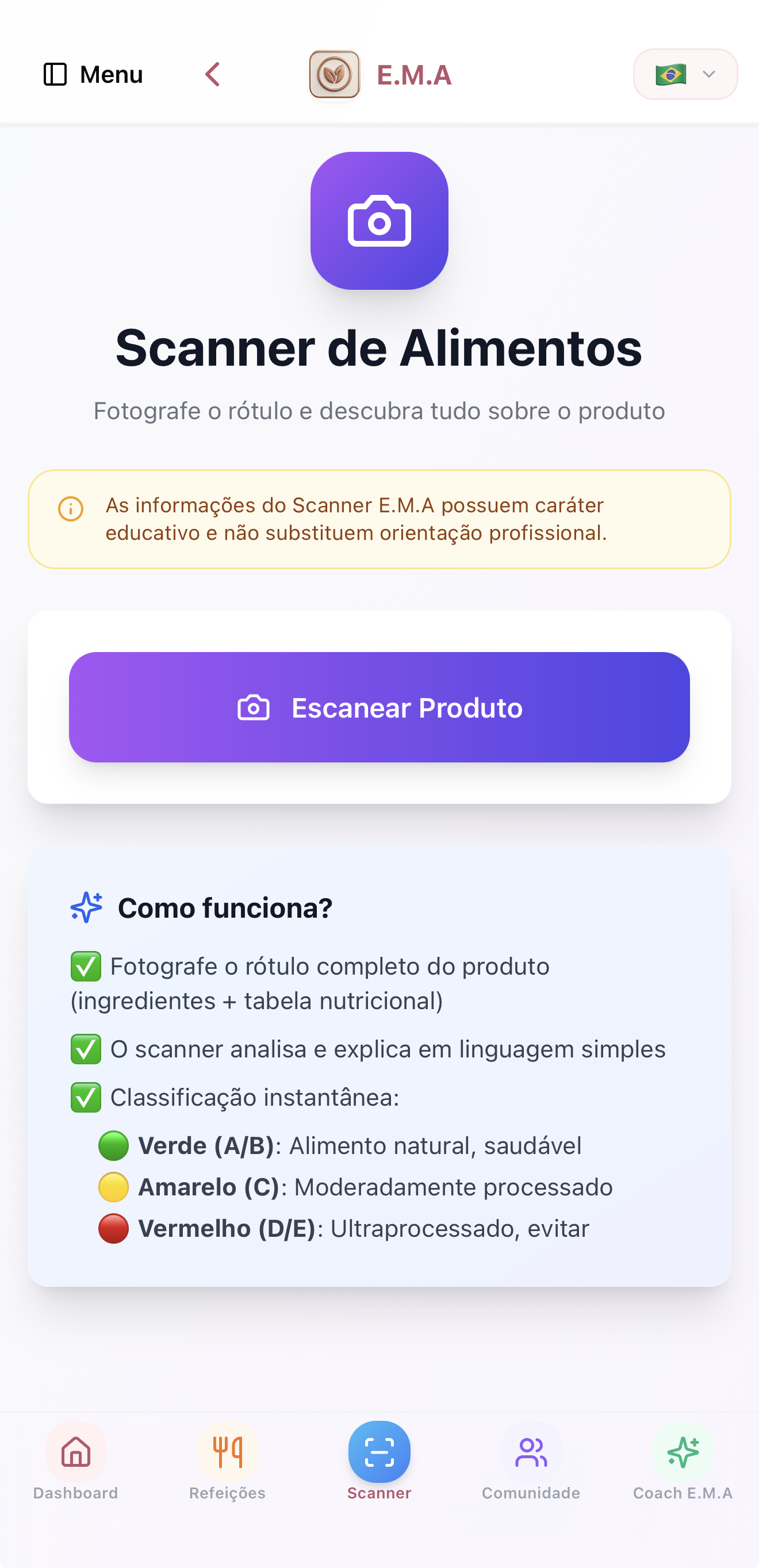 Tela do Scanner de Alimentos do app E.M.A