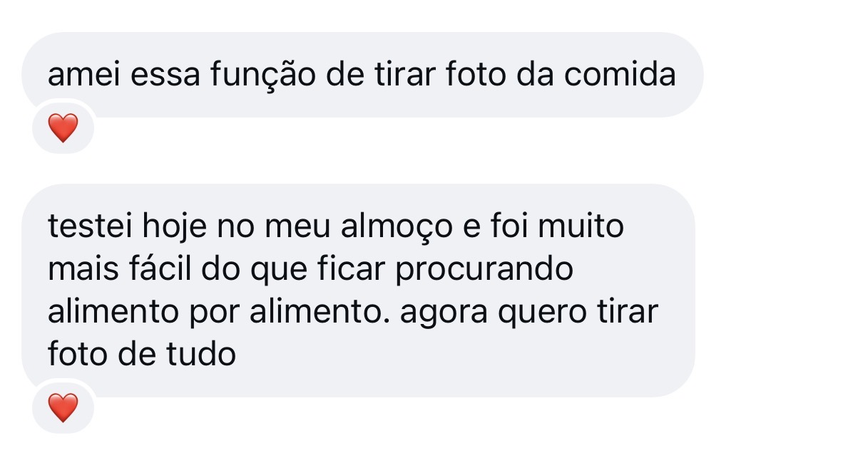 Mensagem real de usuária sobre a função de tirar foto da comida